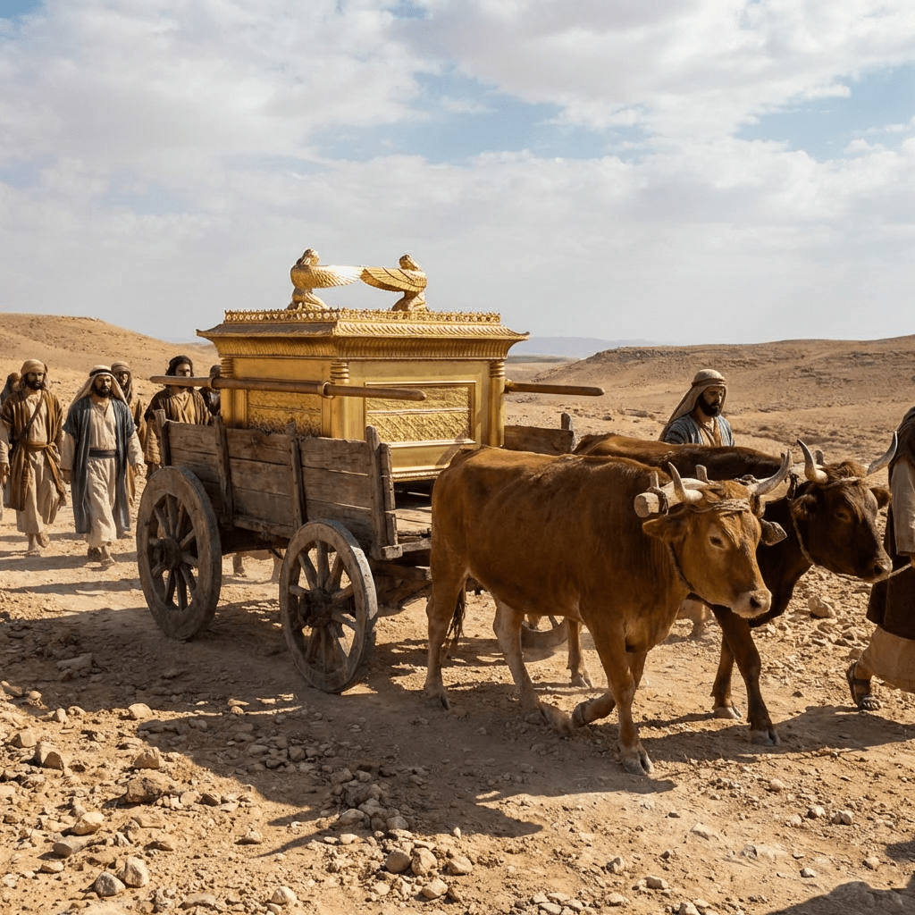 Oxen pull a wooden cart carrying the golden Ark of the Covenant through a desert landscape.