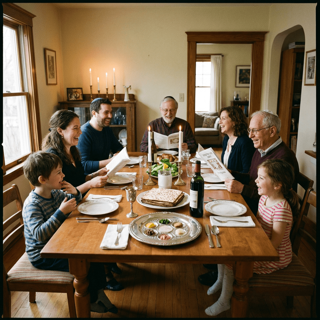 Family sitting around a table for a Passover Seder with matzah and a Seder plate.