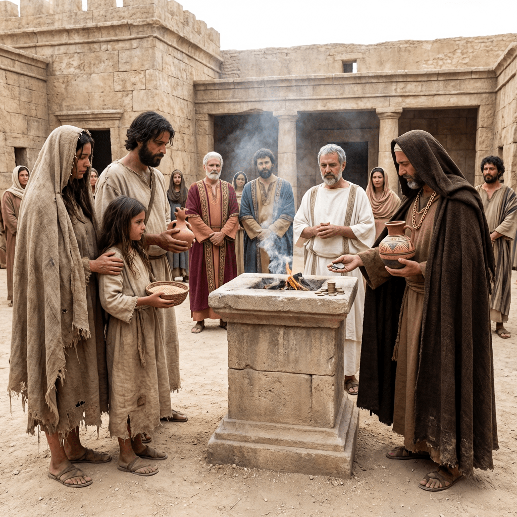 People dressed in ancient robes making offerings at a stone altar with smoke rising