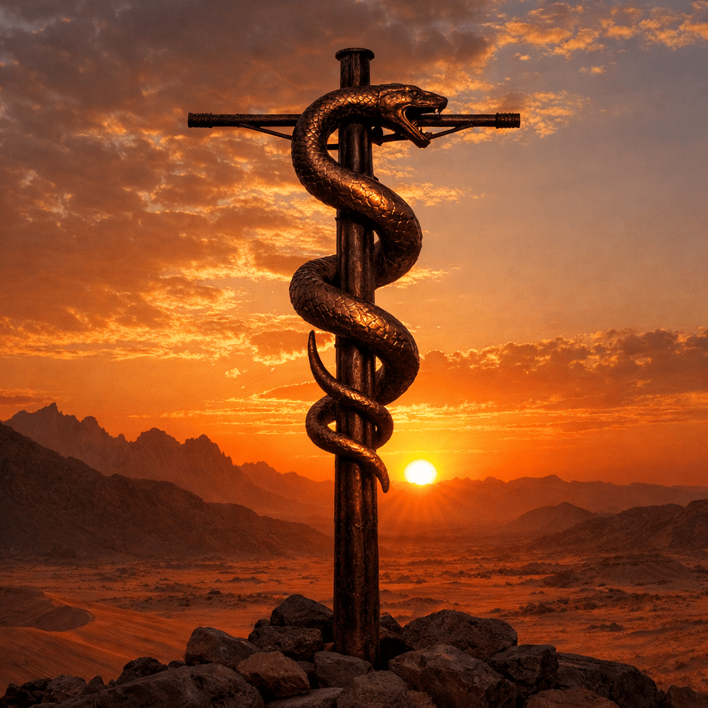 Bronze serpent coiled around a staff on rocky ground with sunset and mountains in background