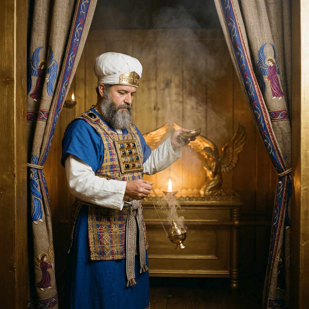 High priest in colorful robes holding an incense censer with smoke rising inside a temple.