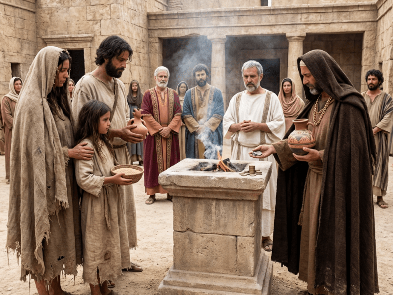 A group of people, including a family and several men in traditional robes, are gathered around a stone altar with smoke rising from a fire. One man in a dark robe is holding a clay pot, while others observe solemnly.