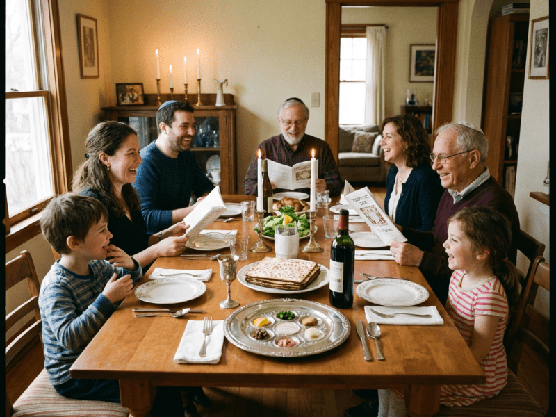 A family gathered around a dining table for a meal, smiling and enjoying each other's company. There are candles, a centerpiece with salad, wine, matzo, and various dishes on the table. One child is sitting with a woman, and others are reading from a booklet.
