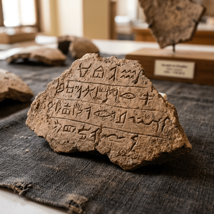 Fragment of clay tablet featuring ancient inscriptions or symbols, displayed on a textured cloth surface in a museum setting.