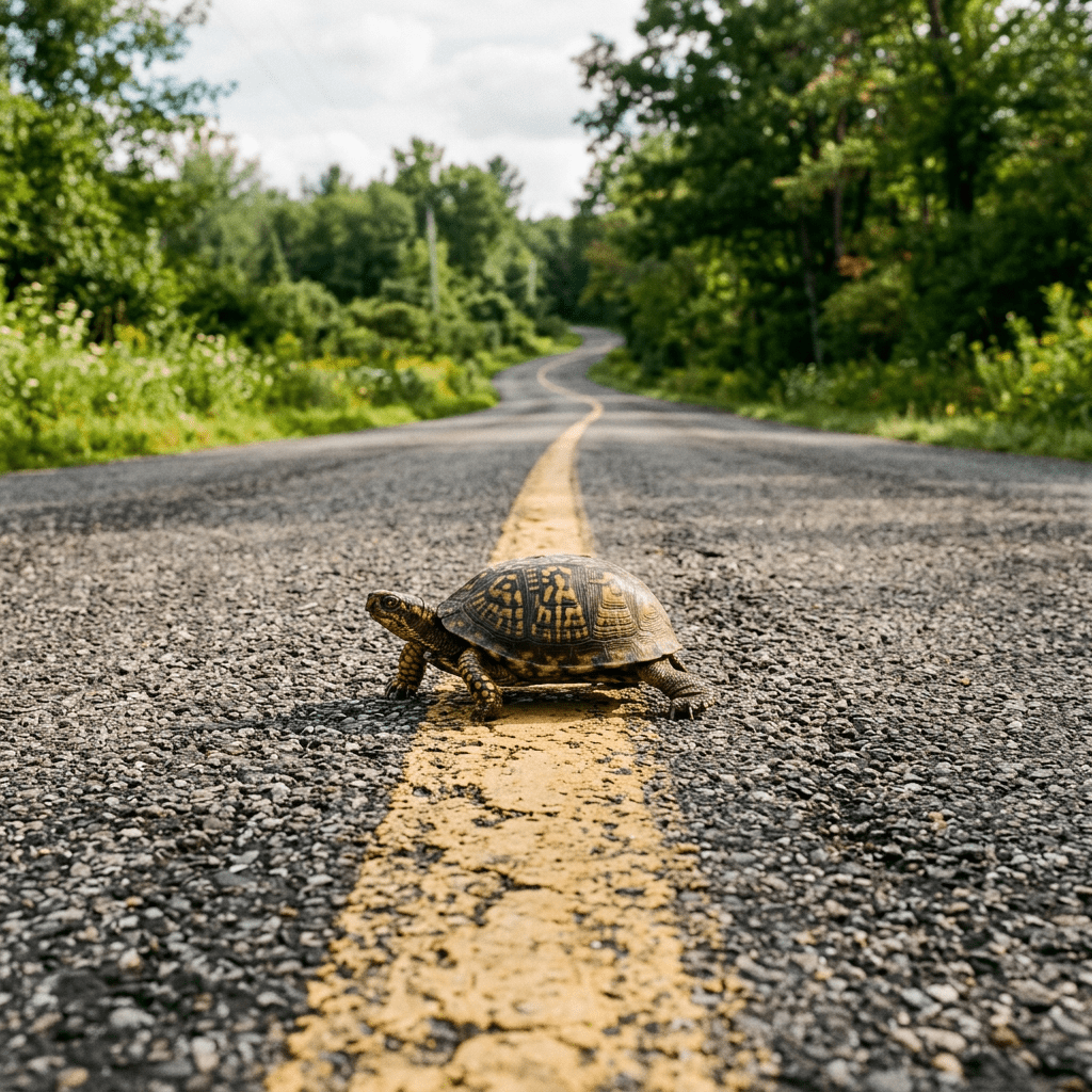 Turtle walking across yellow road line on asphalt road with trees surrounding