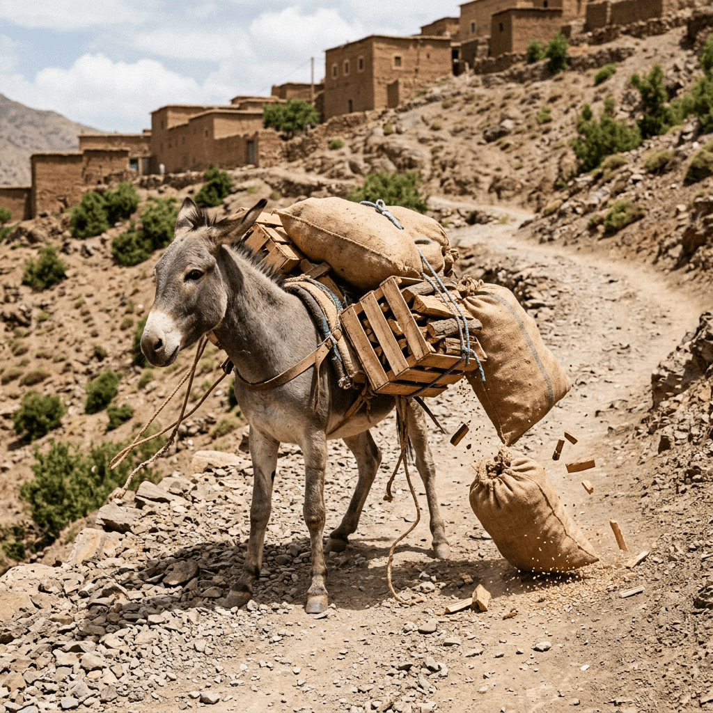 Donkey carrying sacks and wooden crates with one sack falling and spilling grain