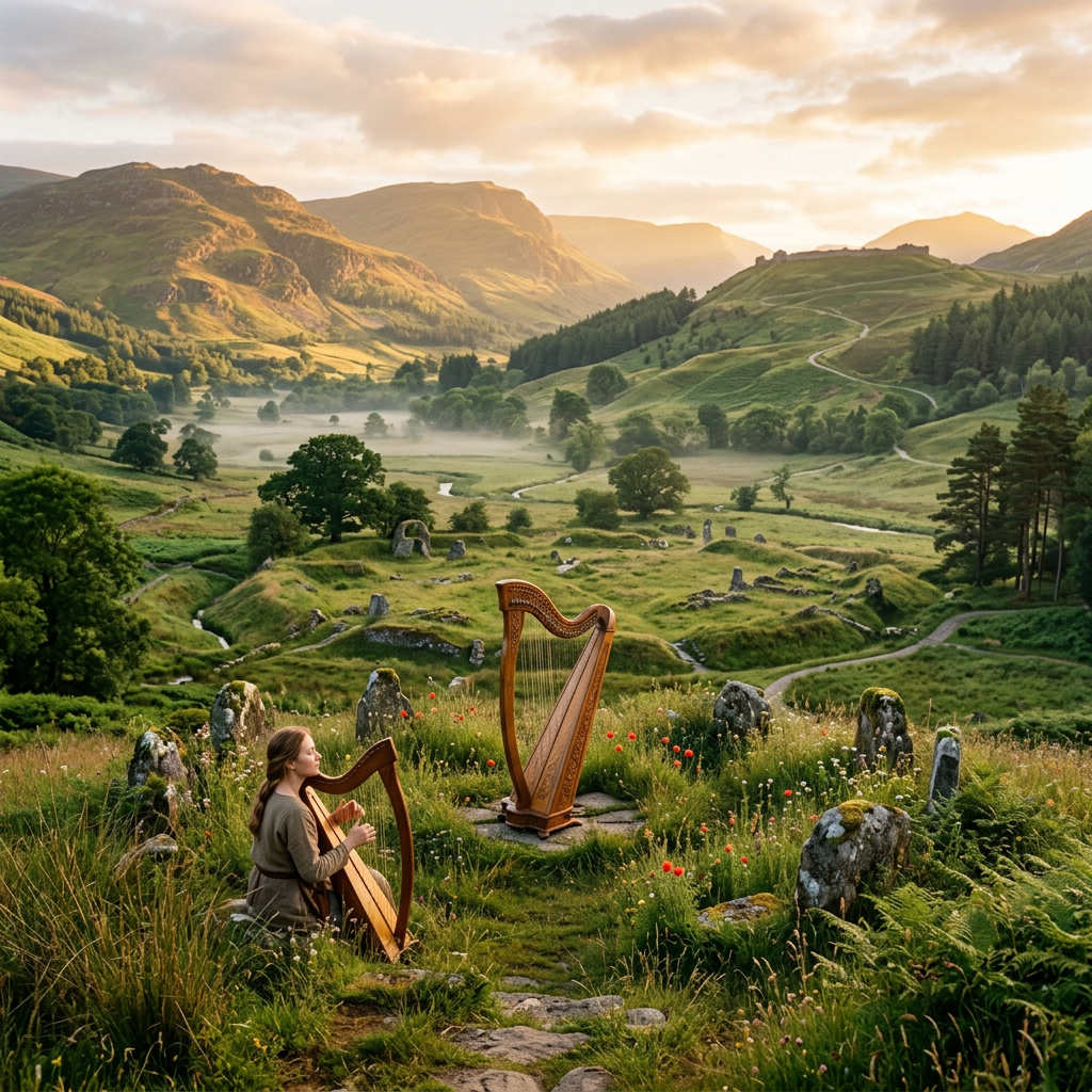 Woman playing wooden harp seated in a grassy stone circle at sunrise