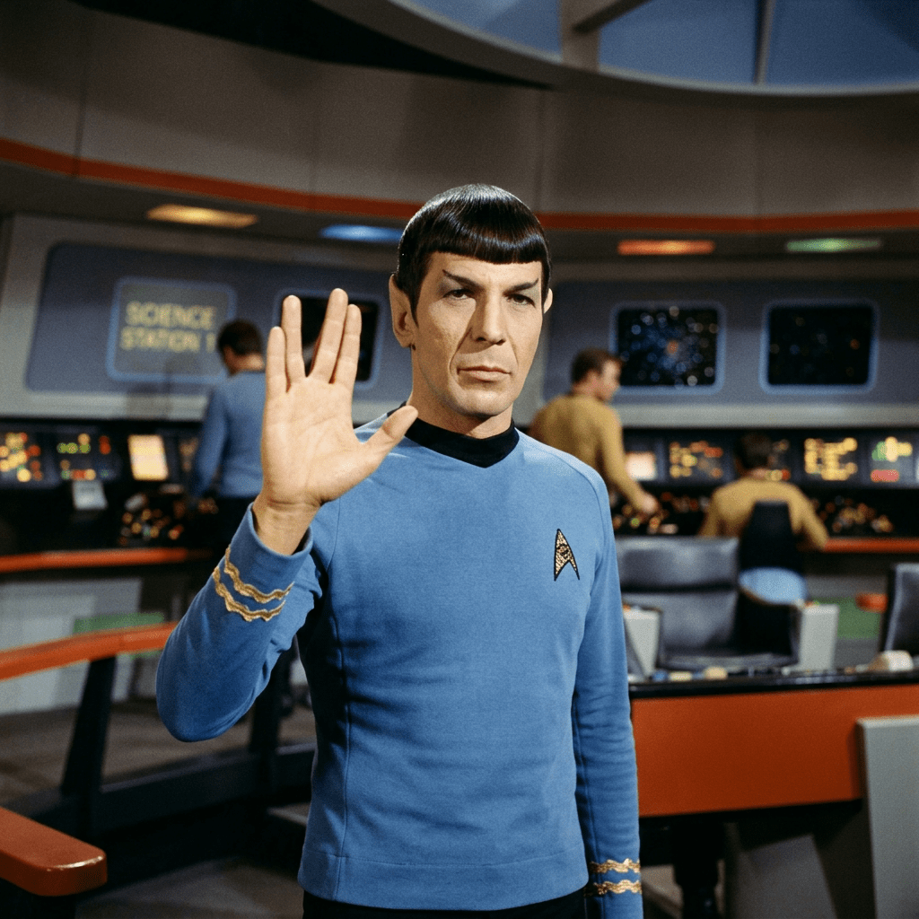 Spock character showing Vulcan salute on Starship Enterprise bridge