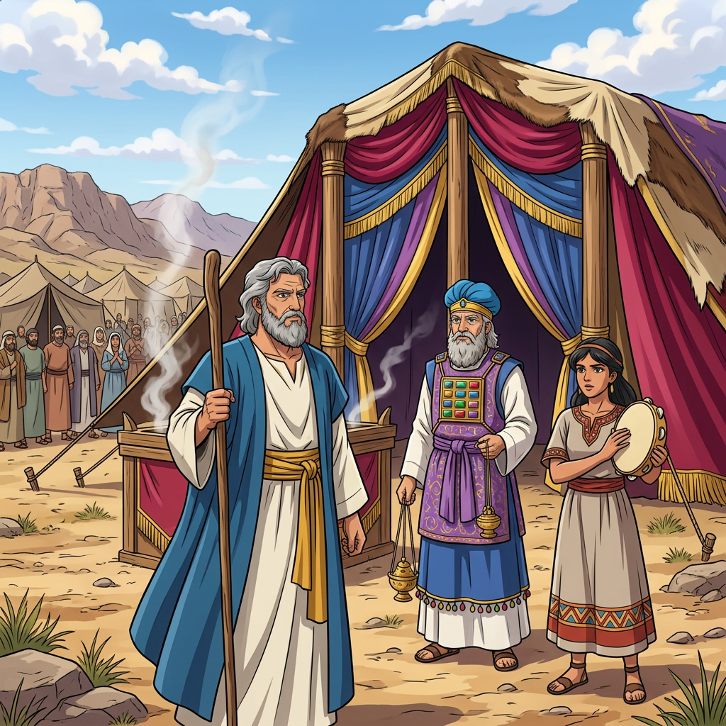 An older man holding a staff, a priest in colorful robes holding incense, and a young woman with a tambourine stand by a decorated tent with people gathered in the background