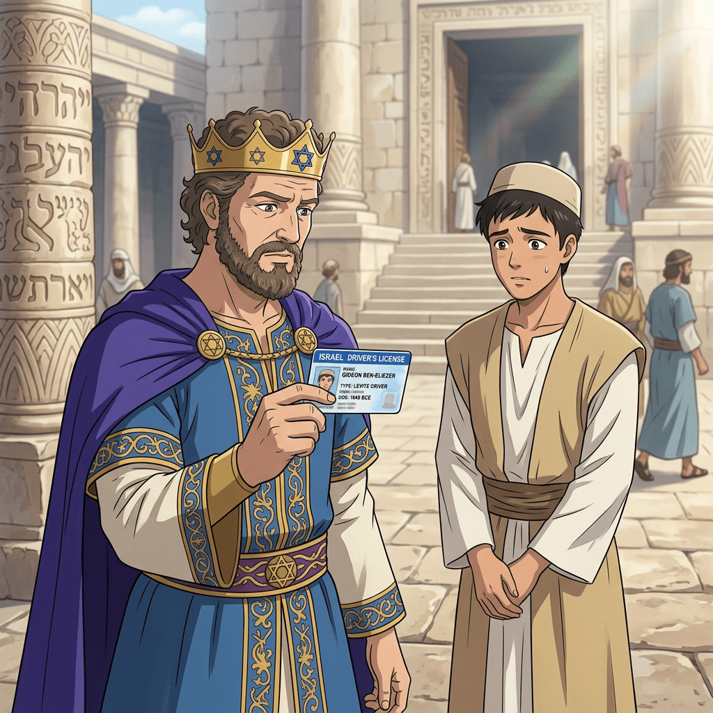 King wearing crown and robe holding a driver’s license, young man looking worried