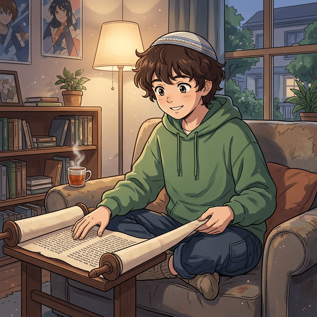 Boy wearing kippah and green hoodie reading a Torah scroll on a small table indoors