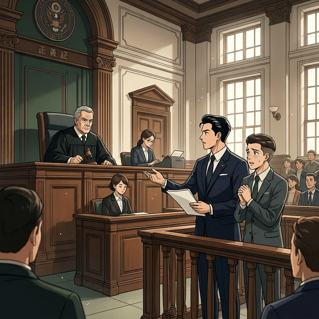 Lawyer speaking in courtroom with witness beside him and judge listening