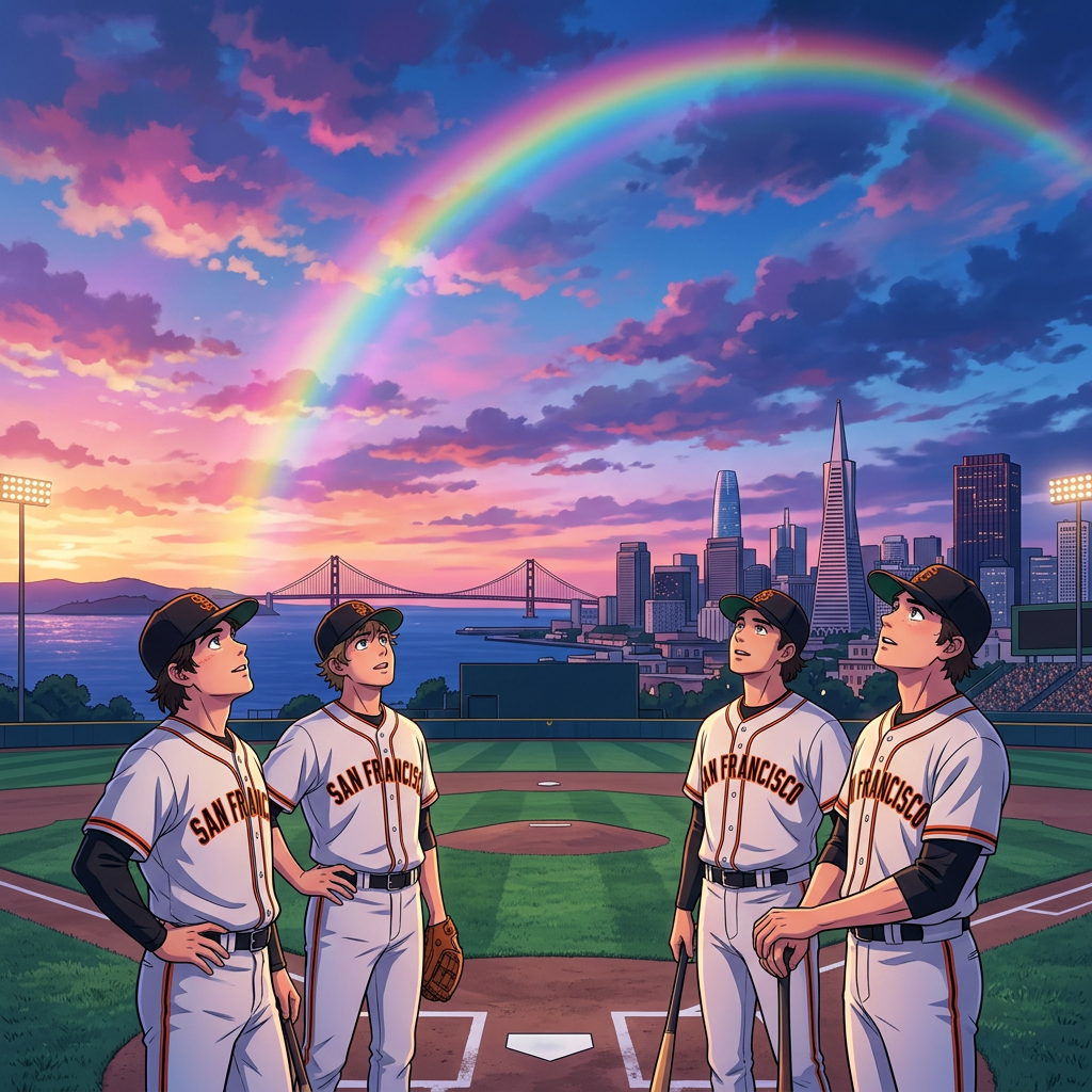 Four baseball players in San Francisco uniforms standing on a baseball field at sunset with a rainbow and city skyline