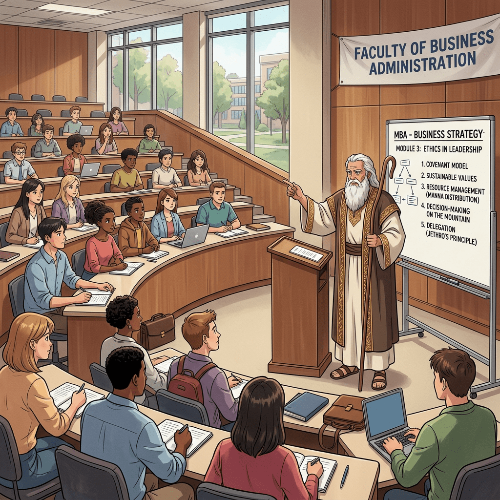 Professor in biblical clothing teaching MBA students about leadership ethics in a lecture hall