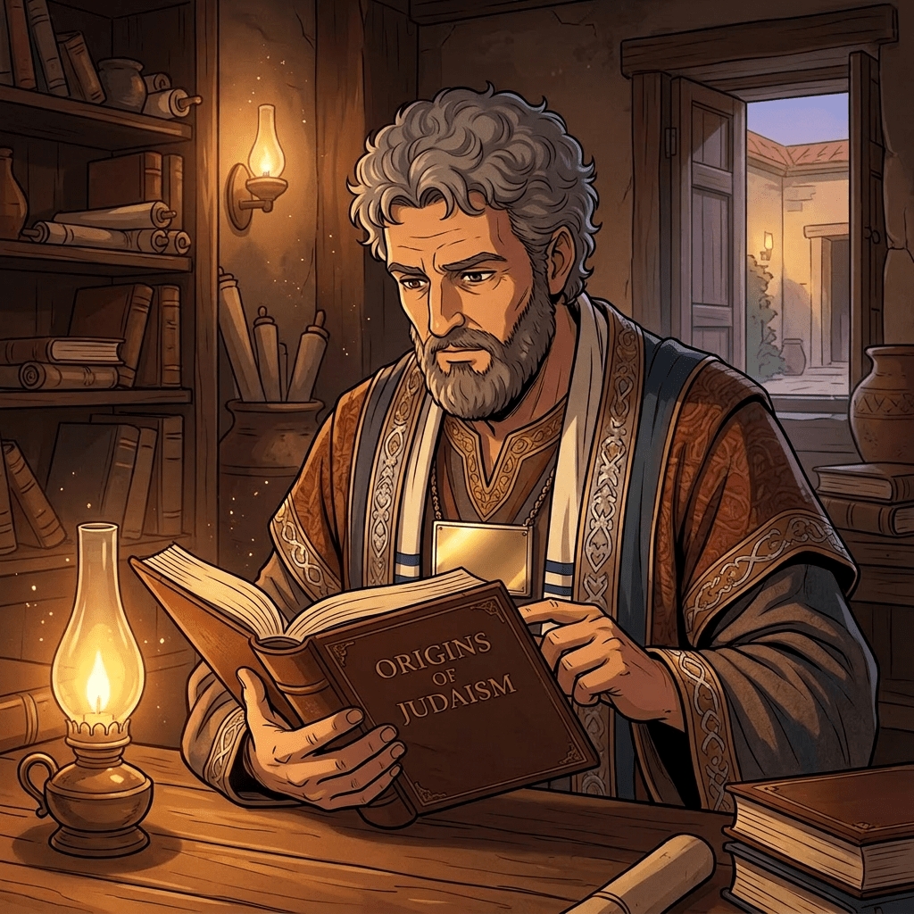 Older bearded man reading book titled Origins of Judaism by oil lamp in study