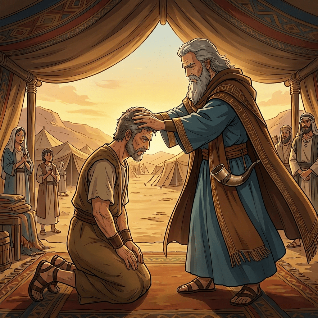 Elderly man with flowing white hair blessing kneeling young man in ancient desert camp