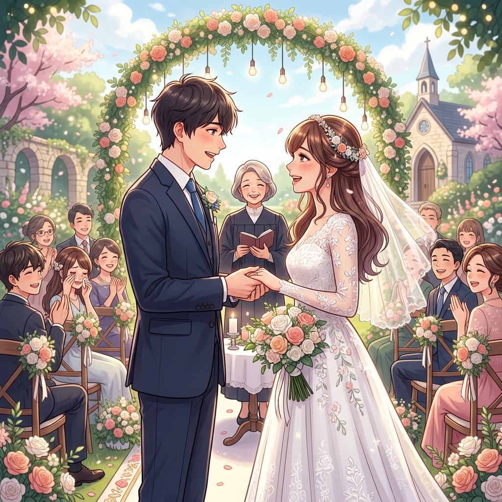 Bride and groom holding hands during outdoor wedding ceremony with guests and officiant