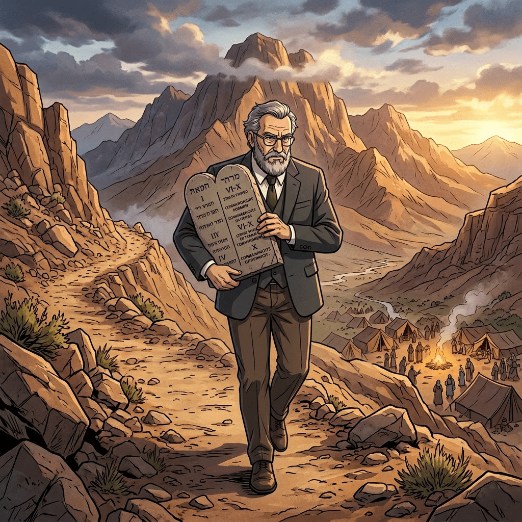 An older man with gray hair and beard walks on a rocky mountain path holding two stone tablets with Hebrew and English text.