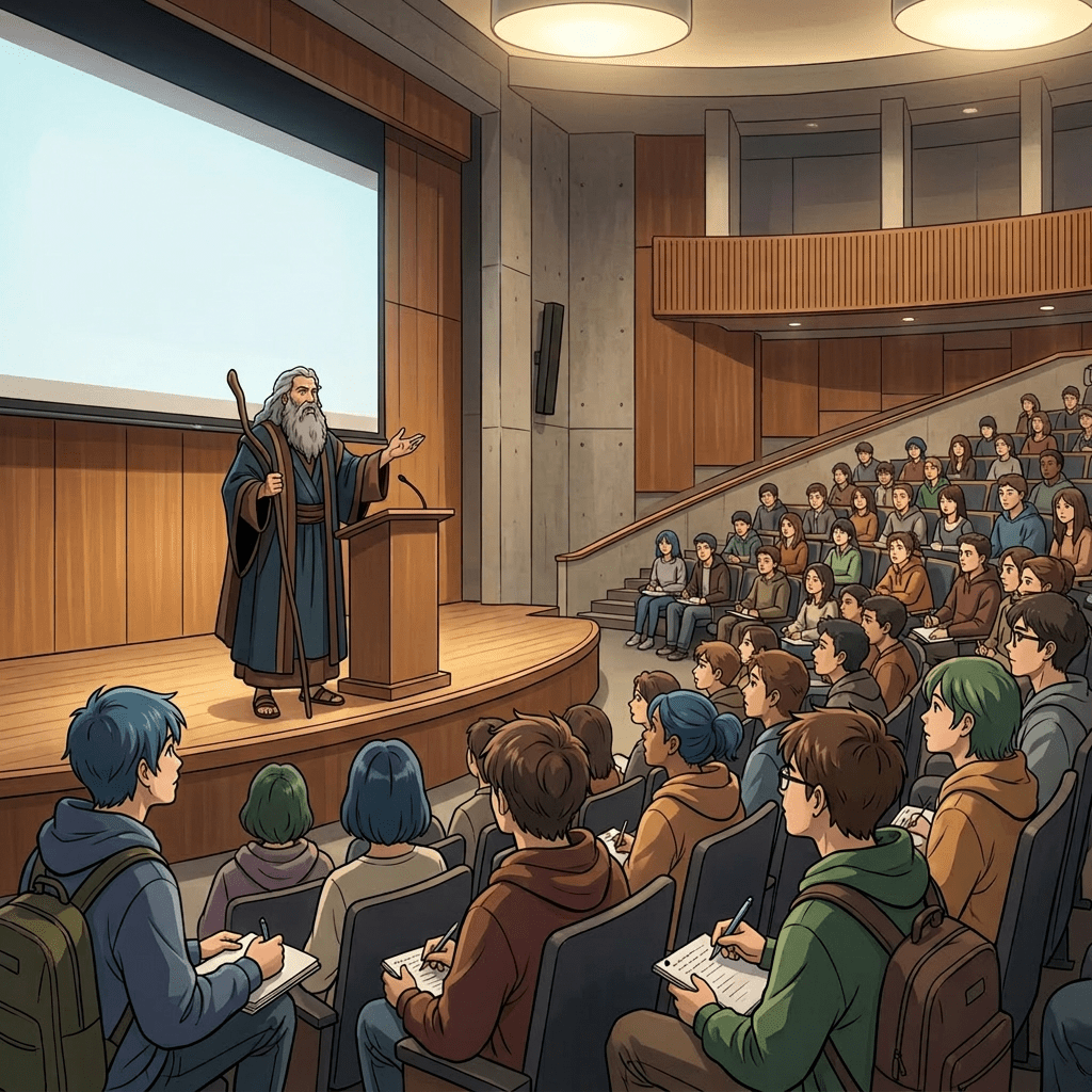 Guest lecturer Dr. Moses presenting on leadership principles from ancient texts to students in a large auditorium