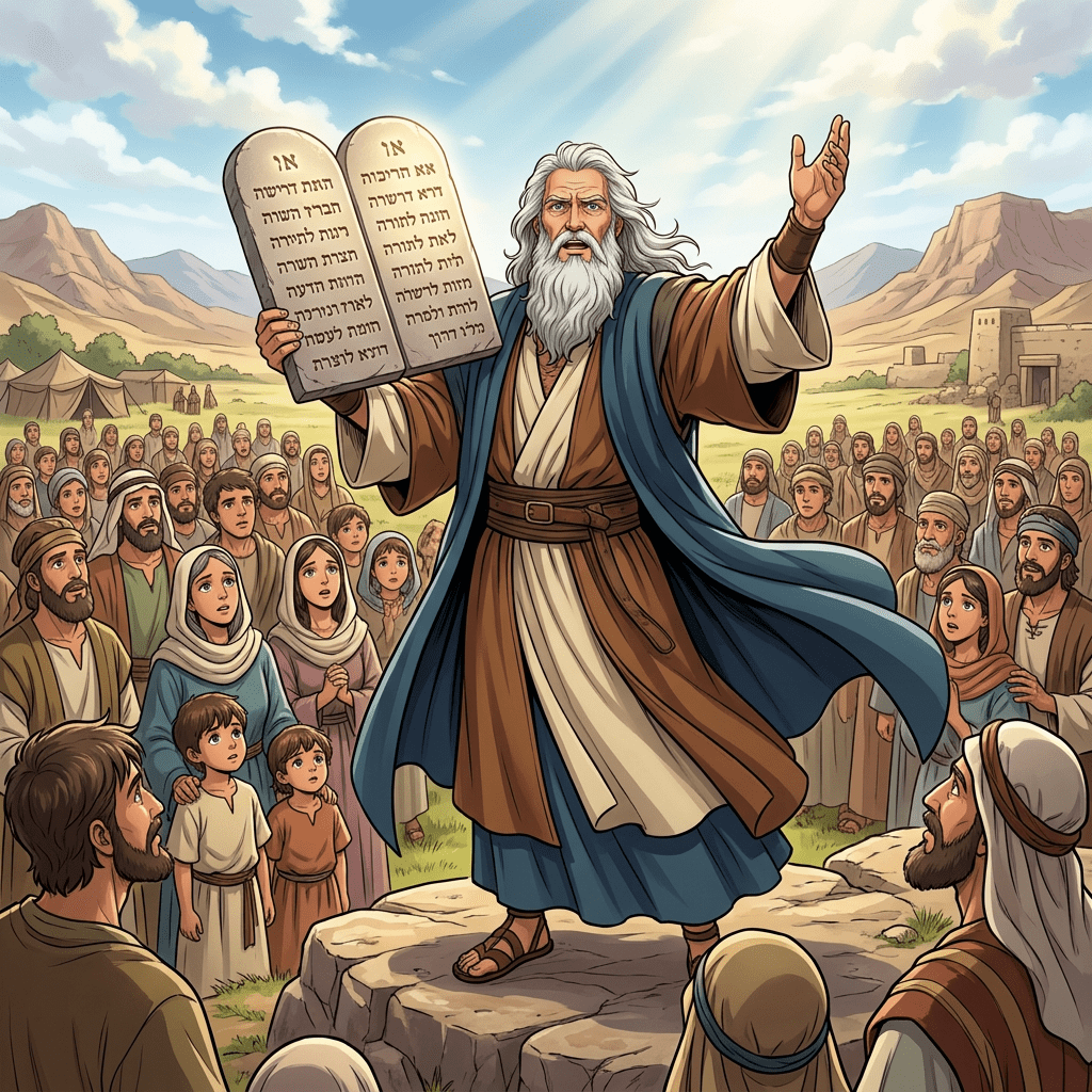 Moses holding tablets with Hebrew text, addressing a crowd of men, women, and children in a desert setting