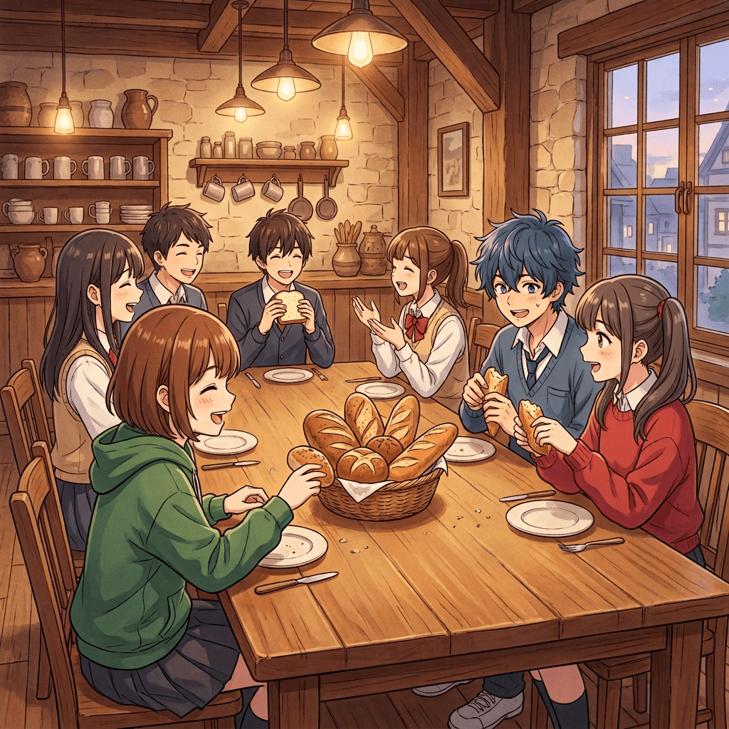 Seven friends sitting at a wooden table with bread and butter, smiling and chatting in a rustic room.