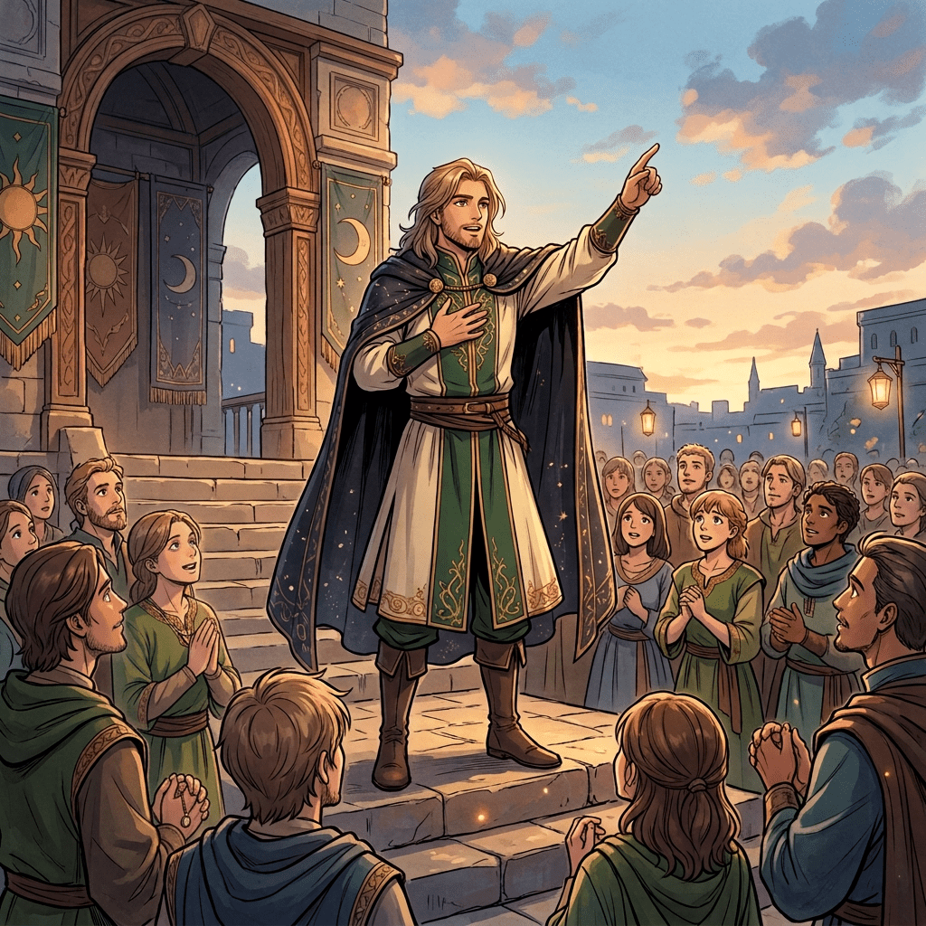 Nobleman in green and gold robes speaking to a crowd on stone steps at dusk