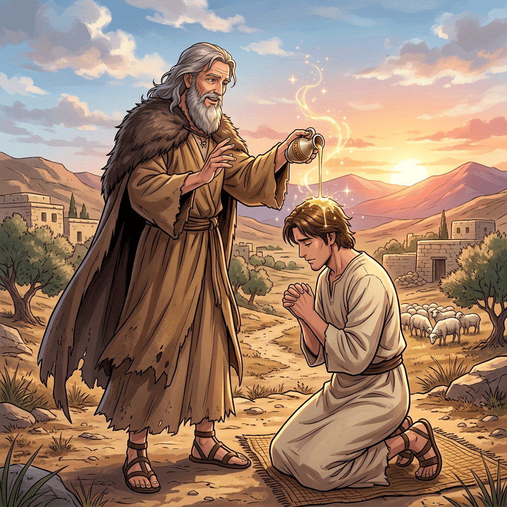 Elder pouring oil on kneeling young man's head in a biblical village at sunset