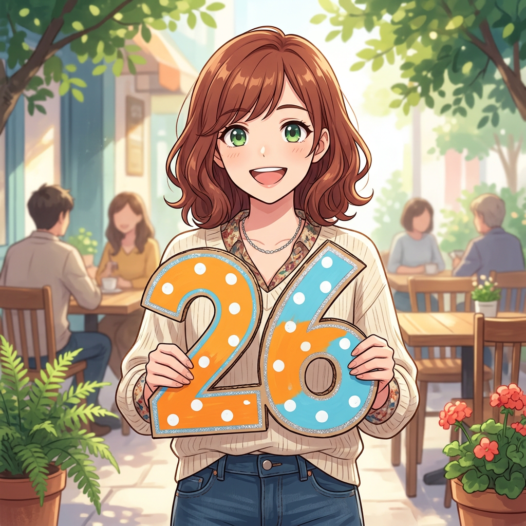 Smiling young woman holding large decorative number 26 sign