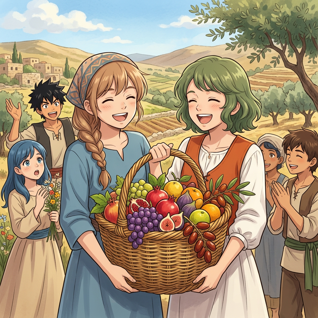 Two women carry a fruit basket while villagers celebrate in a rural valley.