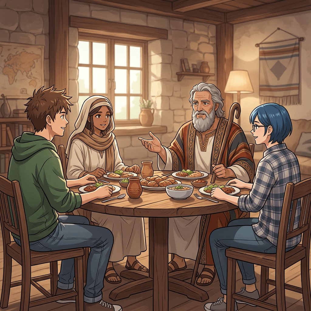 Four people sharing a meal around a table in a rustic room