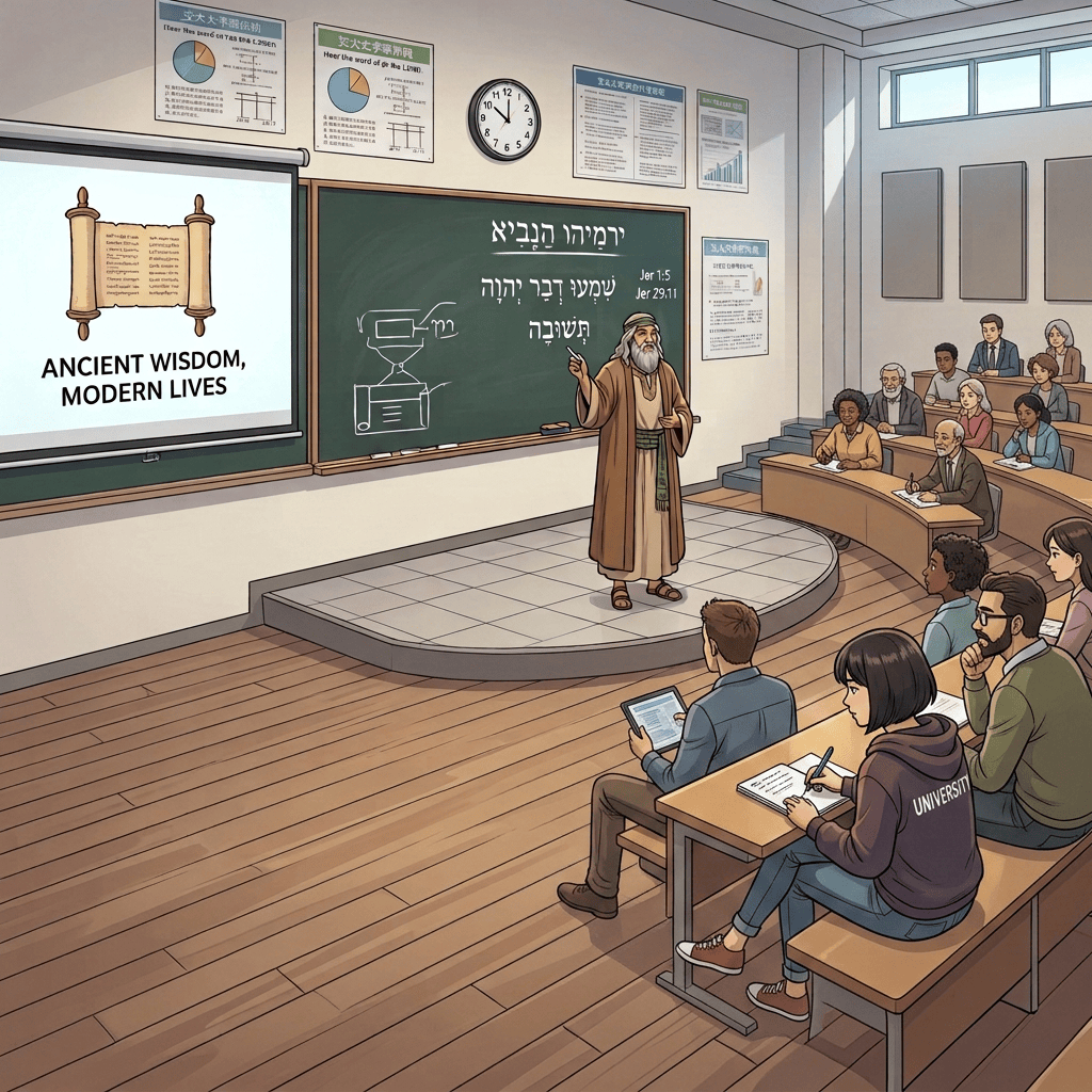 Teacher presenting biblical wisdom to diverse students in a classroom; “ANCIENT WISDOM, MODERN LIVES.”