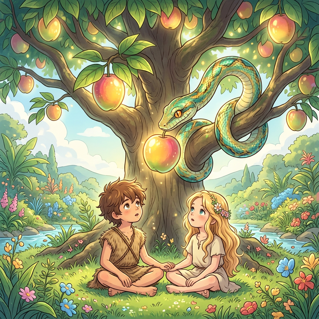 Two children sit beneath an apple tree with a coiled snake and glowing apples.