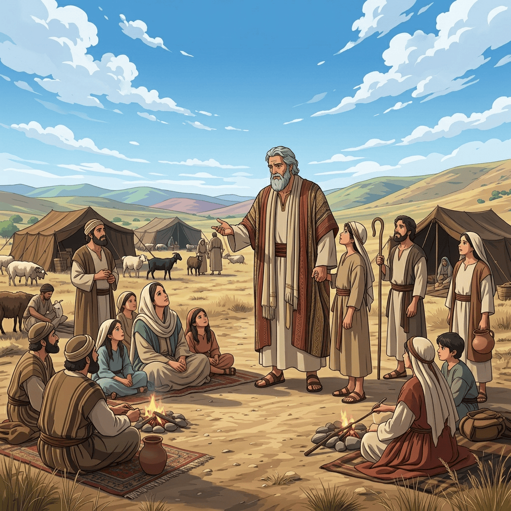 Bearded elder addressing families among tents, sheep, and campfires in a desert valley