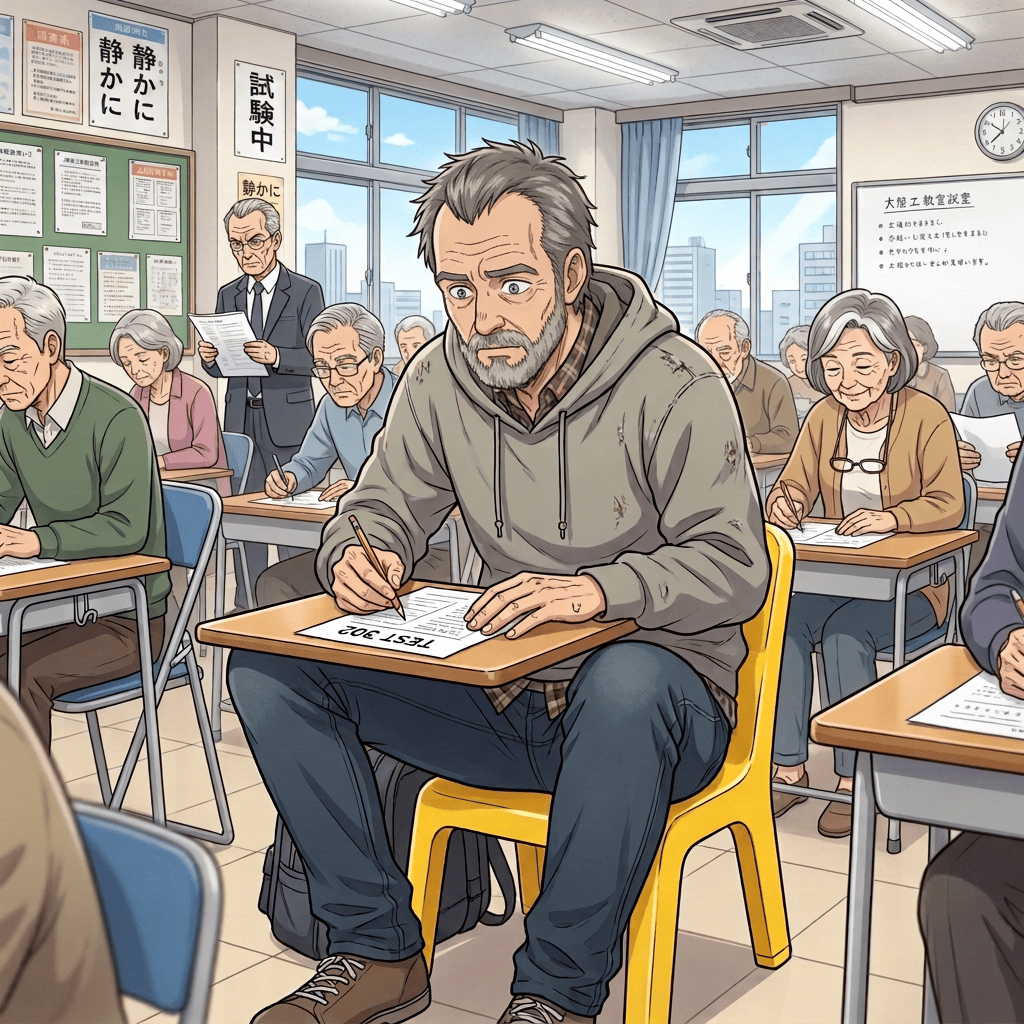 Nervous man taking an exam in a crowded classroom