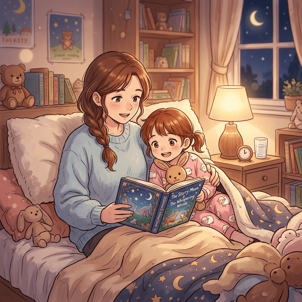 Mother and child reading “The Starry Moon and the Whispering Woods”