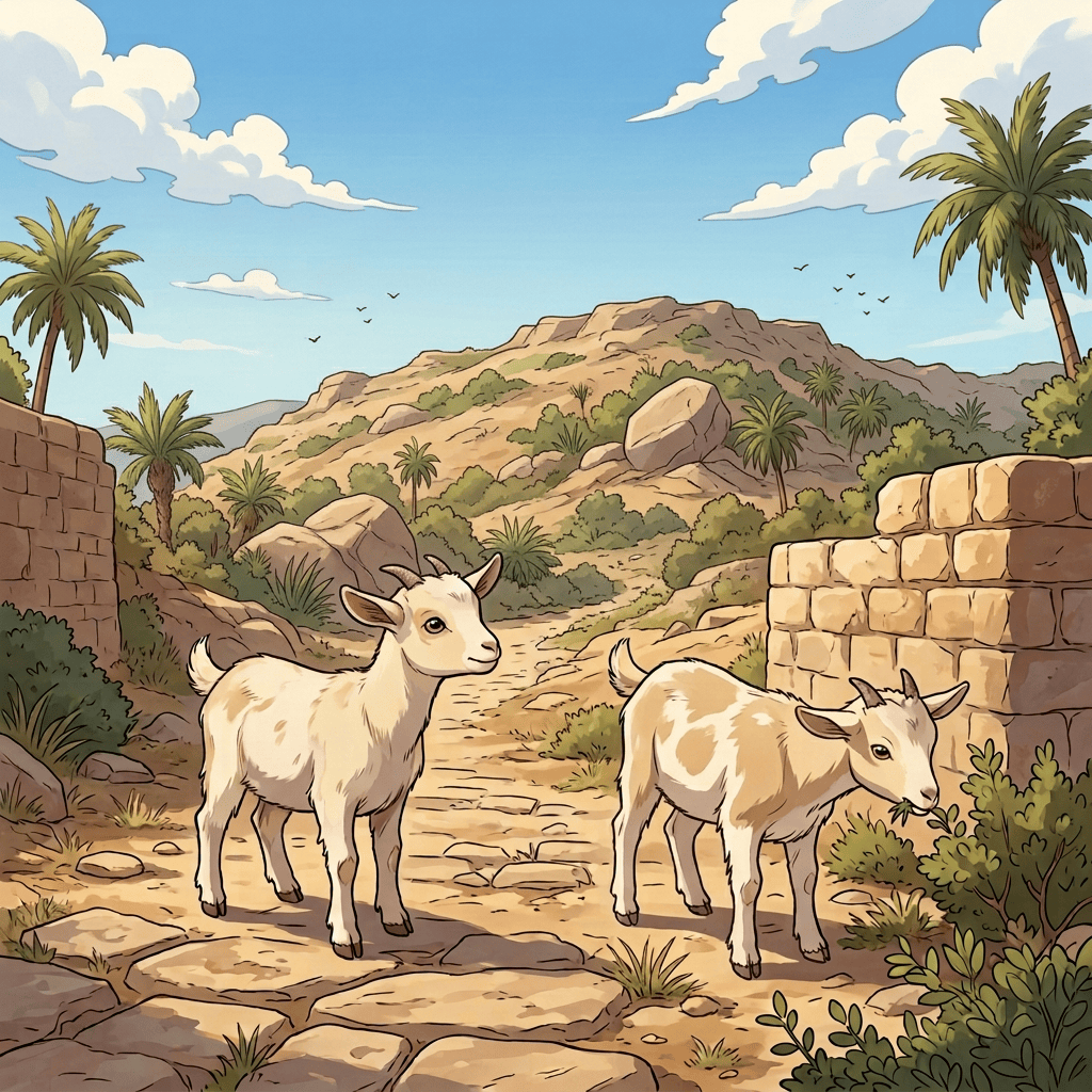 Two goats walking through an ancient desert settlement beneath a large temple
