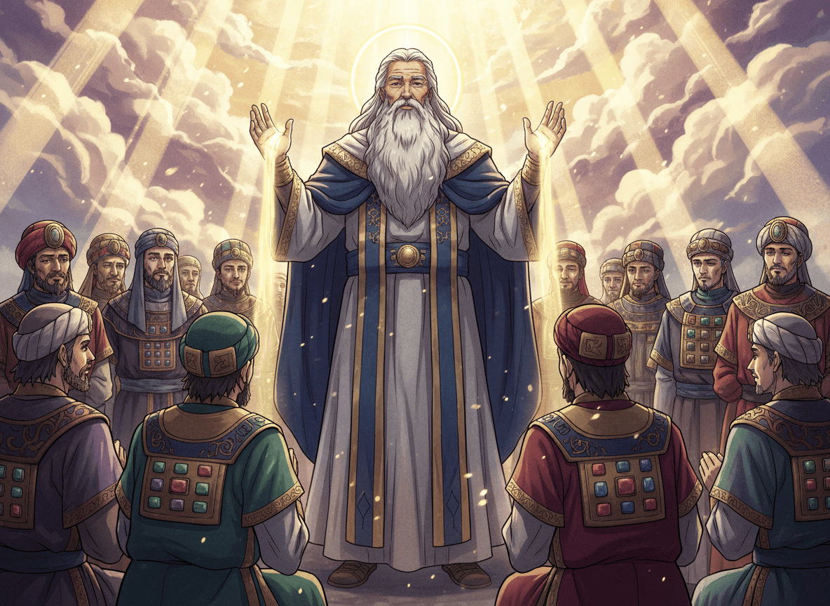 An anime-style illustration of Moses blessing the Levites. Moses is depicted as a wise, elderly man with long white hair and beard, wearing flowing robes, his hands raised in blessing. The Levites kneel or stand before him in reverence, dressed in ancient Hebrew priestly garments. The scene has dramatic anime lighting with glowing divine light emanating from Moses, detailed expressive faces, and a celestial background with clouds and golden rays. Art style similar to epic anime like Demon Slayer or Attack on Titan.