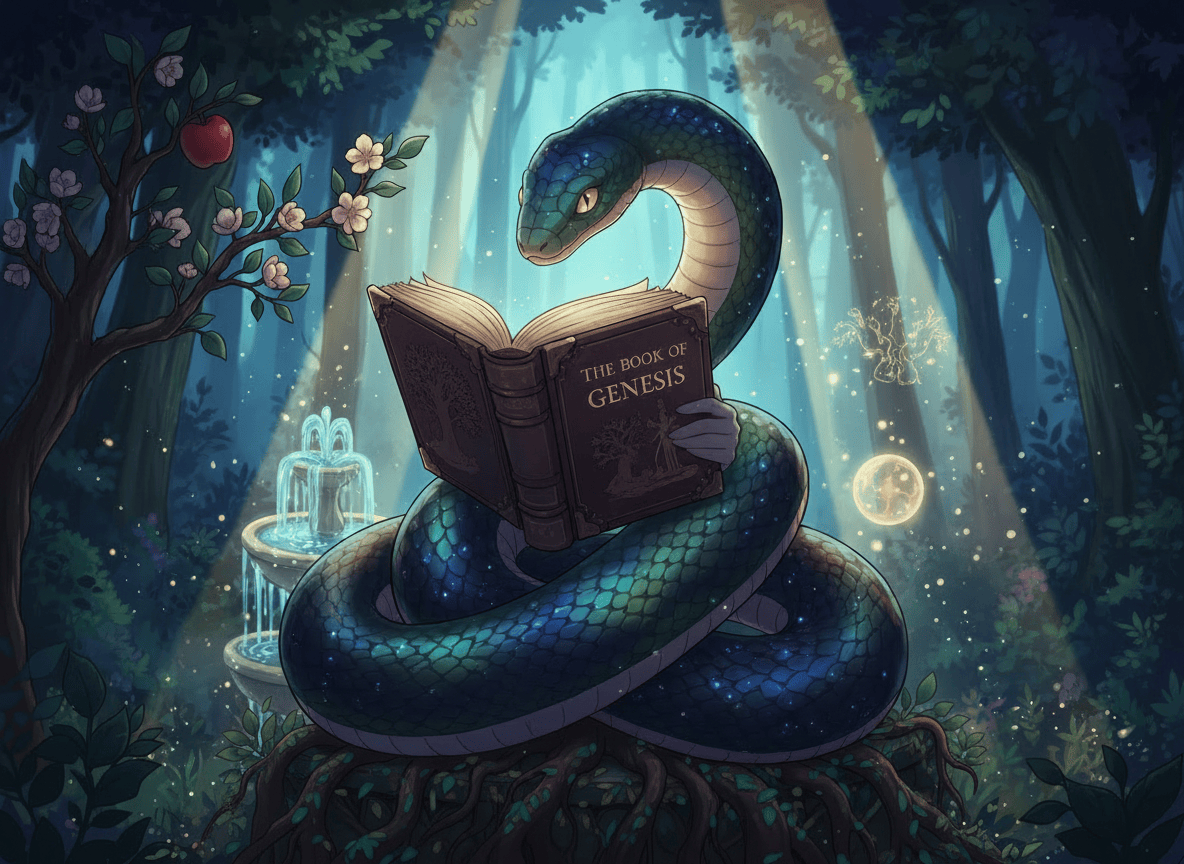 The same anime-style snake reading the Book of Genesis, with all human hands completely removed. Preserve the snake, book, pose, setting, composition, colors, and anime aesthetic. Fill the areas where the hands were with natural, coherent background and body details. No hands, arms, or human limbs visible.