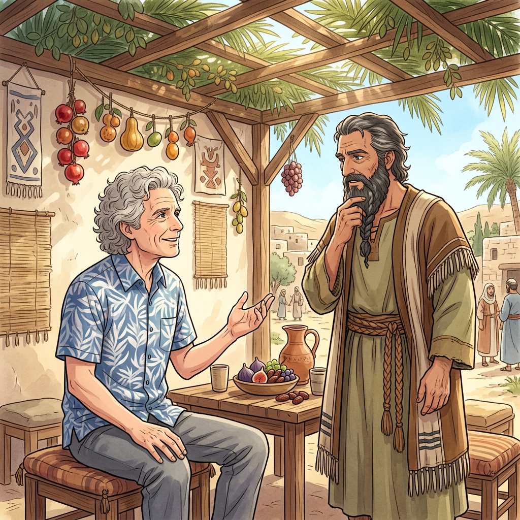 Two men conversing beside fruit and pottery in an ancient desert marketplace