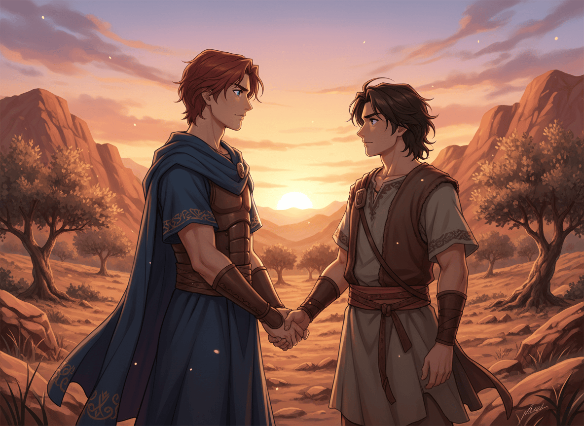 Anime-style historical biblical scene of Jonathan and David standing together in a rugged wilderness, solemnly swearing an oath of loyalty and friendship. Ancient Israelite clothing, rocky desert hills, warm golden light, expressive but respectful faces, cinematic composition, no text, no modern objects.