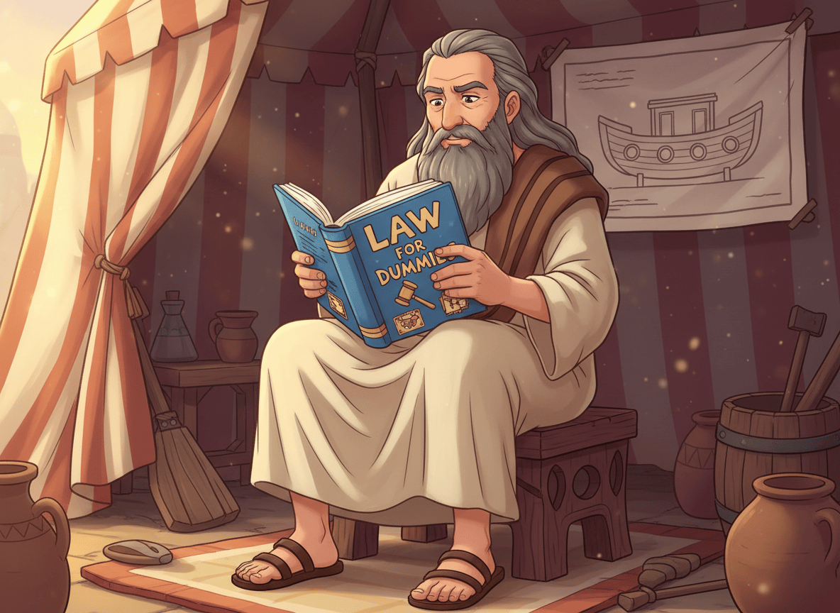 An original anime-style illustration of Noah, depicted as a thoughtful middle-aged man with a long gray beard and simple ancient Near Eastern clothing, sitting and reading a humorous book titled “Law for Dummies.” Warm, expressive, lighthearted editorial tone; tasteful historical setting; colorful cel shading; clearly readable book title; no real person likenesses, no logos, no additional text.