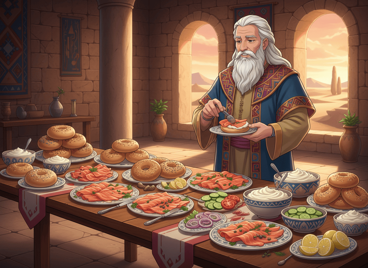 Anime-style illustration of Abraham standing beside a table abundant with lox, bagels, and cream cheese, carefully making himself a plate of food. Abraham is portrayed as a dignified ancient Near Eastern man in historically inspired robes, with expressive anime features. Warm welcoming atmosphere, detailed food presentation, tasteful historical setting, vibrant polished anime art, no text.