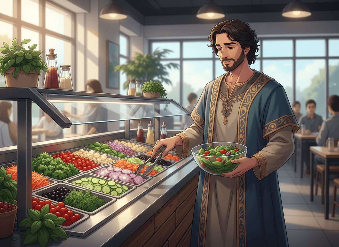 Anime-style illustration of Jacob, the biblical patriarch, standing at a colorful modern salad bar and thoughtfully choosing fresh vegetables and toppings. He wears modest ancient Near Eastern-inspired robes with a contemporary anime aesthetic, warm expressive features, and a gentle thoughtful expression. Bright wholesome atmosphere, abundant leafy greens, tomatoes, cucumbers, carrots, olives, and herbs in serving trays. Clean detailed line art, vibrant colors, cinematic composition, landscape orientation, no text.