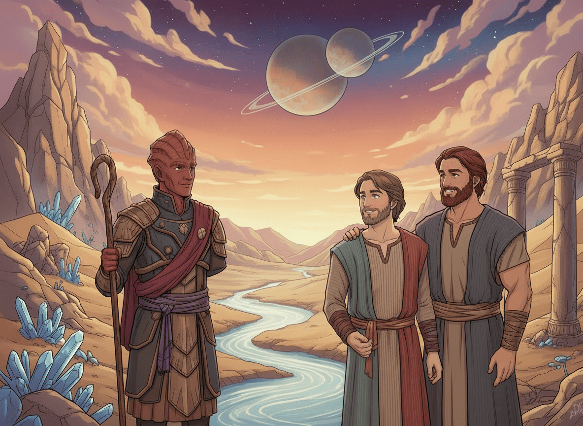 Anime-style illustration of a Star Trek Tamarian character alongside Jacob and Esau, preserving the existing scene, characters, composition, and visual style. Remove all communication symbols, icons, glyphs, captions, speech symbols, and floating symbolic markings from the image. Do not include Captain Picard. Keep the characters and background intact.