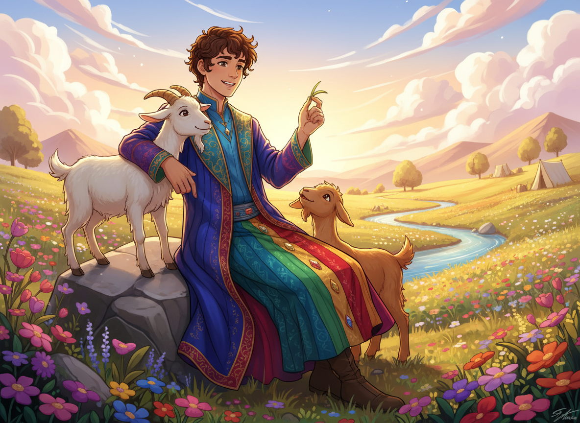 A vibrant anime-style illustration of Joseph, a biblical young man wearing an ornate, dazzling technicolor dream coat with many jewel-toned stripes, hanging out cheerfully with two friendly goats in a sunlit pastoral landscape. Whimsical, warm, expressive, richly colored, cinematic composition, tasteful and family-friendly. Do not include any text, logos, or lettering.