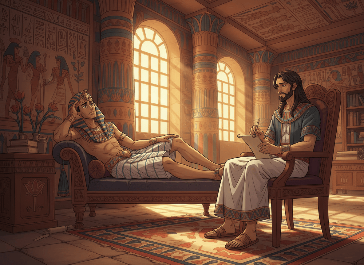 Use the original anime illustration as the source. Keep the same Pharaoh, Joseph, psychologist setting, anime style, clothing, facial features, colors, composition, and psychiatrist office. Turn the psychiatrist couch so it faces in the opposite direction, while keeping Pharaoh lying on the couch and Joseph seated in a chair taking notes. Preserve the overall scene and do not change the characters or add anyone.