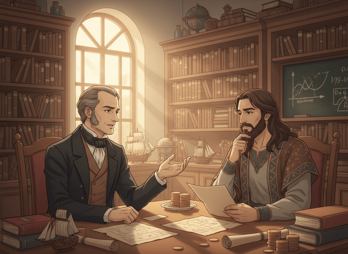 An anime-style illustration of famous economist David Ricardo speaking with Joseph about economics. David Ricardo should be recognizable as the historical English classical economist, dressed in early 19th-century attire; Joseph should appear as a dignified biblical-era figure in robes. Show them engaged in thoughtful conversation in a warm, scholarly setting with subtle economic imagery such as books, scrolls, and trade goods. Respectful, cinematic composition, expressive faces, polished anime art, no text or captions.