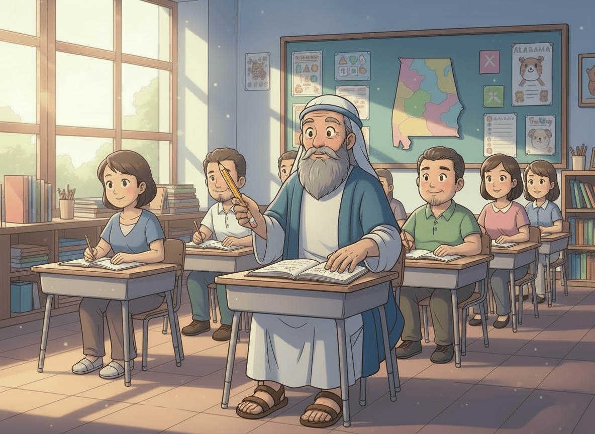 Use the same anime-style image of Moses as a student in an Alabama elementary school. Keep the same character, classroom setting, composition, clothing, and visual style. Add one ordinary pencil in his hand, with natural anatomy and exactly two hands visible. Do not add a staff, extra hands, or any other object.